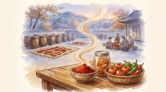 Illustration: A bowl of bright red gochugaru flakes and a jar of kimchi on a kitchen table, garden tomatoes and peppers in a basket beside them