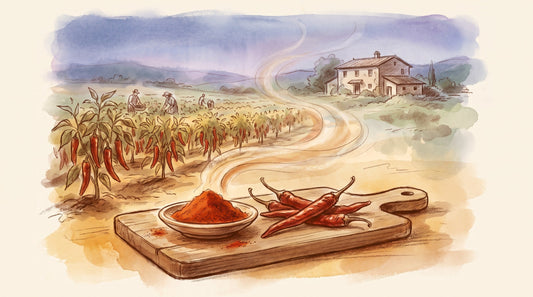 Illustration: A small dish of bright red cayenne powder beside a few long, slender dried cayenne peppers on a wooden board