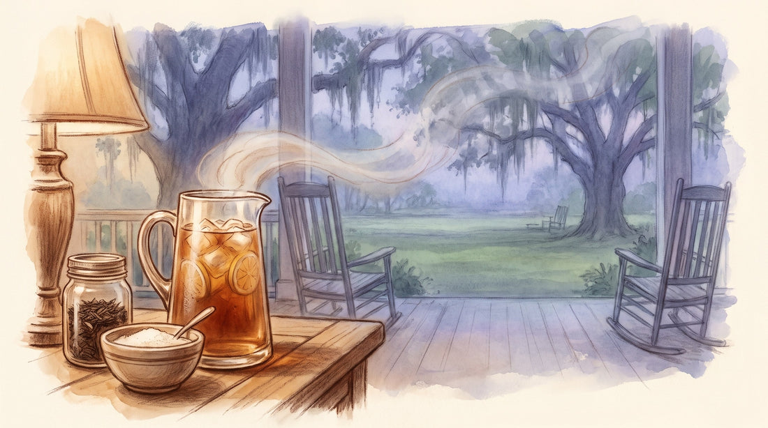 Illustration: A tall glass pitcher of amber sweet tea with ice and lemon slices, a bowl of sugar and a jar of black tea on a porch table