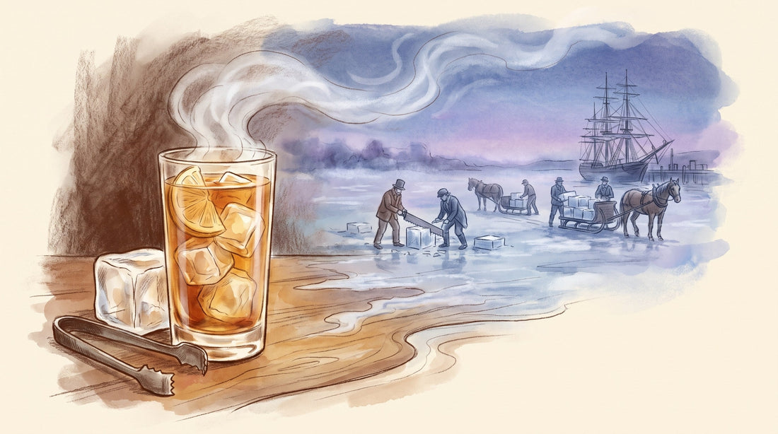 Illustration: A tall glass of iced tea with big clear ice cubes and a slice of lemon, beside a block of ice and a pair of iron ice tongs