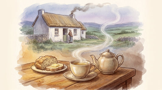 Illustration: A strong cup of Irish breakfast tea with milk, a pot beside it and a plate of soda bread with butter on a farmhouse table