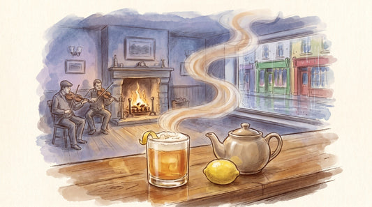 Illustration: A whiskey sour in a short glass with a foamy top and a lemon twist, a small pot of Irish breakfast tea and a lemon on a pub's wooden bar