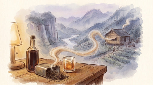 Illustration: A bottle of dark smoky lapsang syrup, a tin of black lapsang souchong leaves and a short cocktail glass