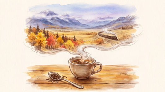 Illustration: A cup of loose leaf tea with a spoonful of dry leaves beside it on a Calgary kitchen table