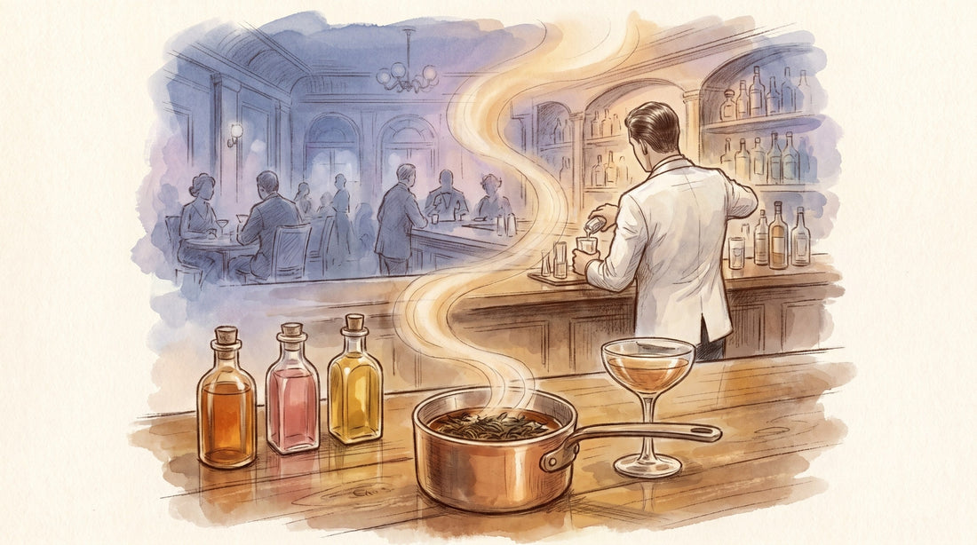 Illustration: Three small glass bottles of tea-infused simple syrup in amber, rose and gold, a saucepan with tea leaves steeping in syrup, and a cocktail glass
