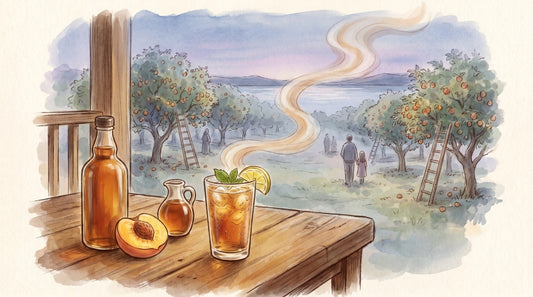 Illustration: A bottle of amber maple-peach tea syrup, a halved ripe peach, a small jug of maple syrup and an iced drink on a porch table