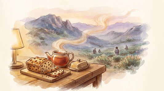 Illustration: A sliced fruit tea loaf studded with dried fruit, a pot of red rooibos tea and a butter dish on a kitchen table