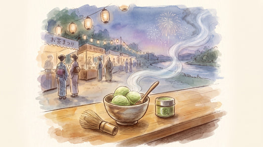 Illustration: A bowl of pale green matcha ice cream, a spoon, a whisk and a small tin of matcha on a summer counter