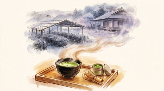Illustration: A black ceramic bowl of frothy bright-green matcha, a bamboo whisk and a small tin of matcha powder on a low wooden tray