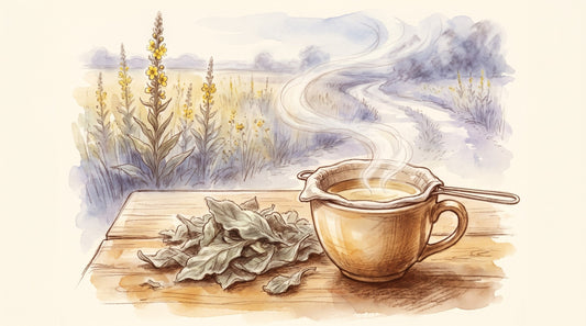 Illustration: A cup of pale mullein leaf tea strained through a cloth, beside a heap of soft, woolly grey-green dried mullein leaves