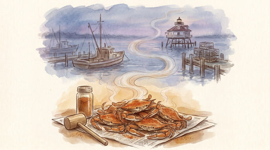 Illustration: A steaming pile of red blue crabs dusted with seafood seasoning on newspaper, a jar of the seasoning and a wooden mallet