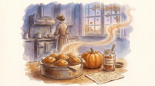 Illustration: A tin of warm pumpkin muffins, a small pumpkin and a jar of pumpkin pie spice on a kitchen table with a handwritten recipe card