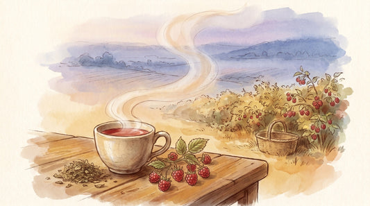 Illustration: A cup of red raspberry leaf tea beside a small heap of dried leaves and a sprig of fresh raspberry canes with ripe berries