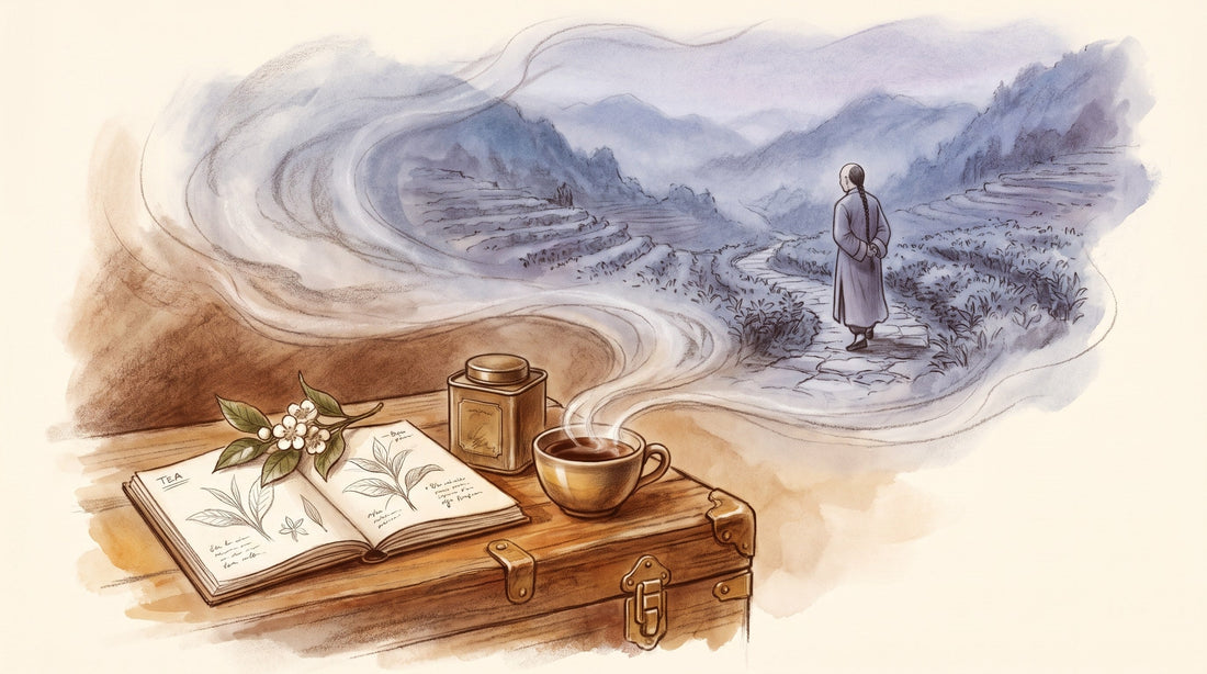 Illustration: An open sketchbook with pencil drawings of tea leaves, a fresh tea sprig, a small tin and a cup of tea on a wooden trunk