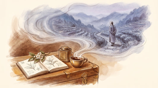Illustration: An open sketchbook with pencil drawings of tea leaves, a fresh tea sprig, a small tin and a cup of tea on a wooden trunk