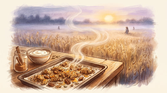 Illustration: A baking tray of golden granola clusters with oats, nuts and honey, a jar of cinnamon and a bowl with yogurt on a kitchen counter in morning light