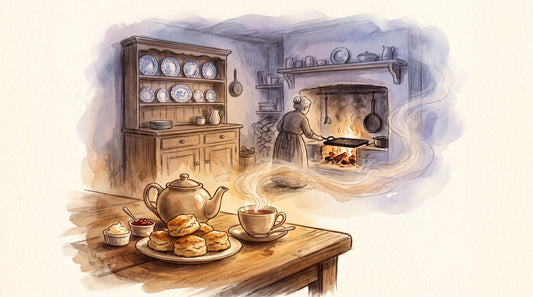 Illustration: A plate of warm scones with butter and jam, a pot of Irish breakfast tea and a cup on a farmhouse table