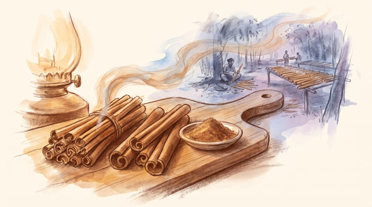 Illustration: Three kinds of cinnamon side by side on a wooden board: thin, papery, many-layered Ceylon quills; thick, single-layer rolled cassia bark; and a small dish of ground cinnamon