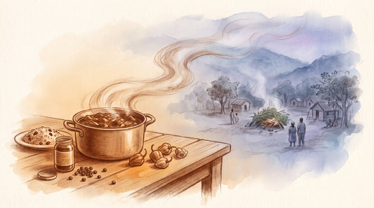 Illustration: A pot of jerk-spiced stew and a plate of rice and peas, a jar of jerk seasoning and a few allspice berries and Scotch bonnet peppers on a table