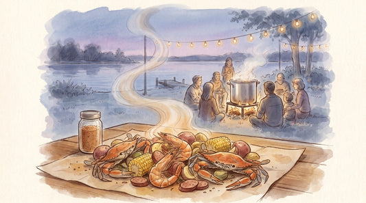 Illustration: A seafood boil poured out across a paper-covered table — shrimp, crab, corn cobs, red potatoes and sausage — a jar of seasoning beside it