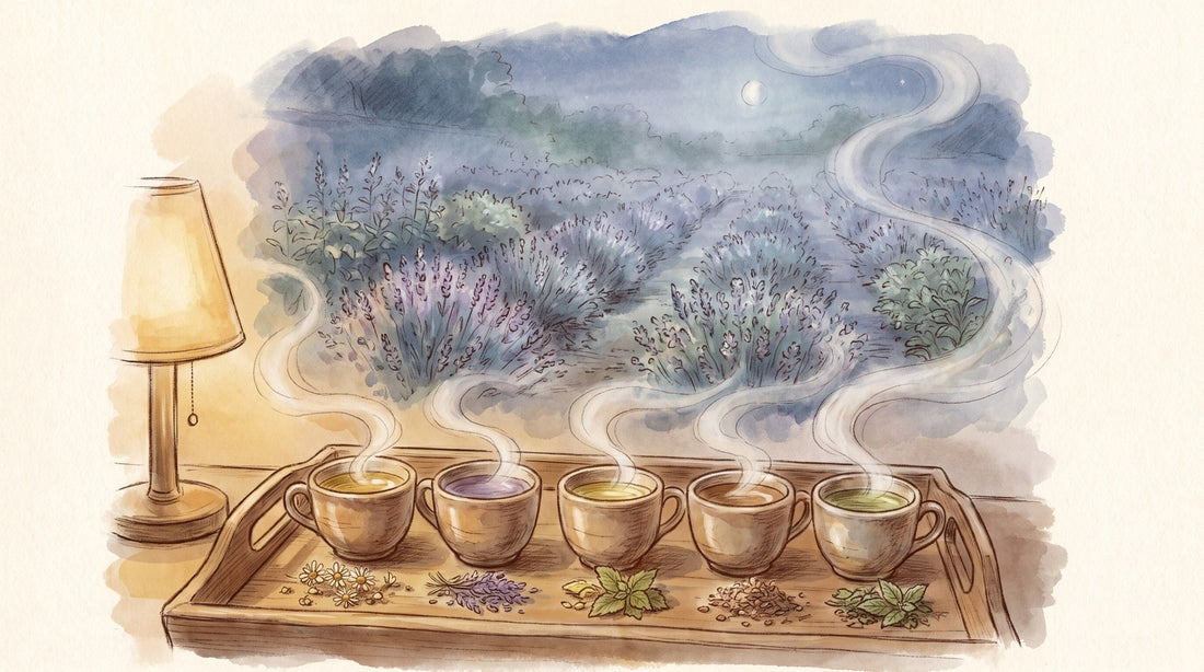 Illustration: Five small cups of herbal tea in a row on a bedside tray — chamomile, lavender, lemon balm, valerian, peppermint — with a few of each dried herb beside them