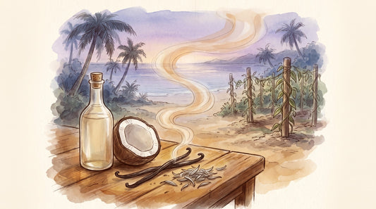 Illustration: A bottle of pale vanilla-coconut syrup, a halved coconut, two dark vanilla pods and silvery white tea buds on a table