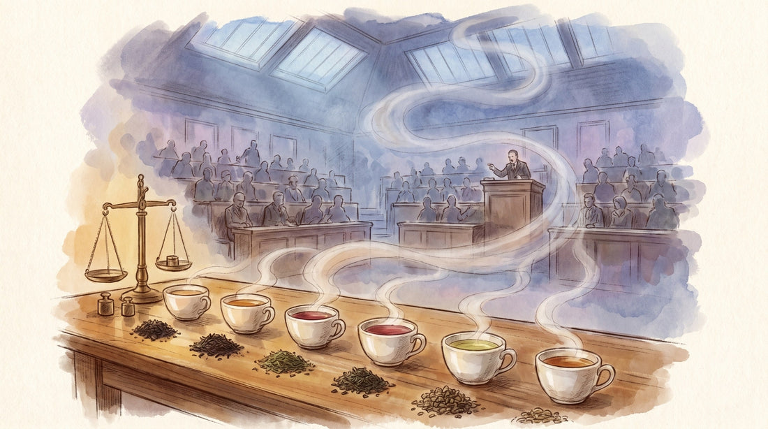 Illustration: A merchant's tasting table: a row of white tasting cups with teas of different colours, small heaps of leaf beside each, and a brass scale