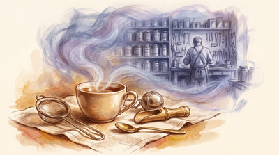 Illustration: A tea strainer, a mesh infuser, a bamboo scoop, a small brass spoon and a steaming cup laid out on a linen cloth