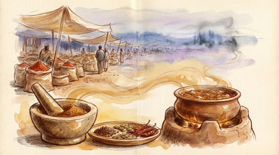 Illustration: A stone mortar of berbere and a dish of grains of paradise, cardamom and dried chillies beside a pot of stew on a clay hearth