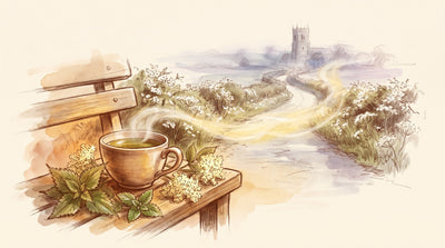 Illustration: A cup of green-gold tea beside a bundle of fresh nettle, a sprig of peppermint and a few elderflower heads on a wooden bench