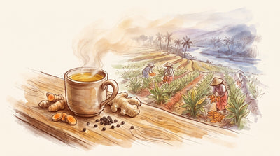 Illustration: A mug of golden turmeric tea, a few knobs of fresh turmeric and ginger root, and a scatter of black peppercorns on a wooden board
