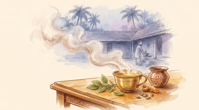 Illustration: A brass cup of golden infusion beside tulsi leaves, turmeric root, cardamom pods and a small copper pot on a carved wooden table