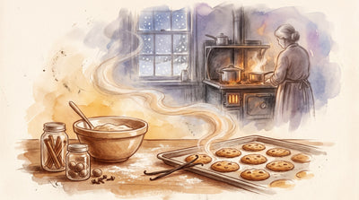 Illustration: A mixing bowl of dough, jars of cinnamon, nutmeg and cloves, a vanilla pod and a tray of spiced cookies fresh from the oven on a floured table
