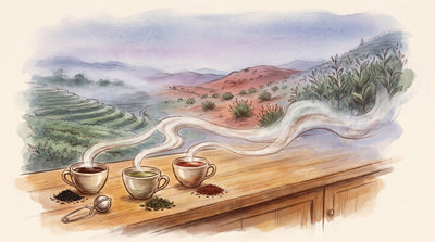Illustration: Three small cups of tea — black, green and red rooibos — with a heap of each leaf and a simple infuser on a kitchen counter