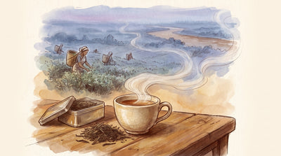 Illustration: A cup of strong dark tea and a heap of long black leaves on a wooden counter, an open tin beside them