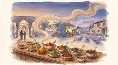 Illustration: A long counter of open spice dishes from many kitchens, paprika and za'atar and masala and jerk and five-spice, each in its own bowl with a small spoon