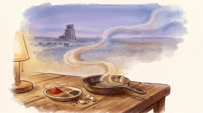 Illustration: A dish of smoked paprika, mustard seed, garlic and cracked pepper beside a cast-iron skillet on a plank table