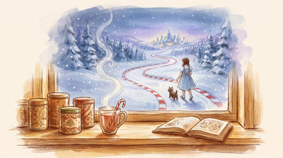 Illustration: A row of holiday tea tins, a mug of peppermint tea with a candy cane and a storybook on a snowy windowsill