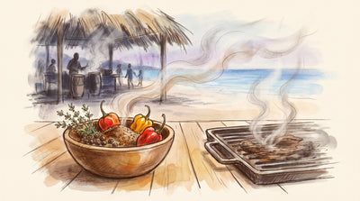Illustration: A wooden bowl of jerk seasoning, scotch bonnet peppers, allspice berries and thyme beside a grill plate on a plank table