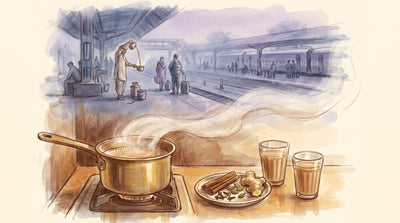 Illustration: A brass pot of milky chai on a small burner, cinnamon quills, green cardamom, cloves and a knob of ginger in a dish beside it, two glass tumblers poured