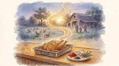 Illustration: A dish of paprika, garlic, thyme and cracked pepper beside a rubbed bird in a roasting tin on a kitchen counter