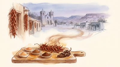 Illustration: Small dishes of red chile flakes and chile powders from pale orange to deep brown-red, a string of dried red chilies and a whole ancho pepper on a board