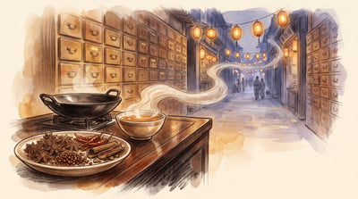 Illustration: A dish of star anise, Sichuan peppercorns, dried chillies and cassia bark beside a wok and a steaming bowl on a lacquered counter