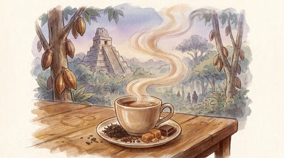 Illustration: A cup of chocolate-caramel tea, a heap of black tea with cocoa nibs and caramel pieces, and a square of dark chocolate on a saucer