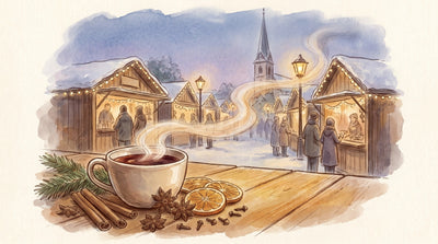 Illustration: A cup of spiced red tea beside cinnamon quills, star anise, dried orange slices and a few cloves on a table with a sprig of fir