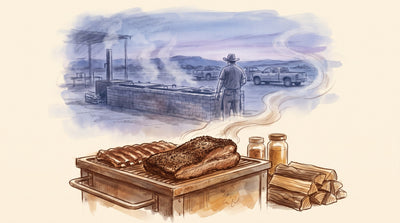 Illustration: A brisket with a dark peppery bark and a rack of ribs on a smoker, jars of dry rub and a stack of oak and hickory wood beside it