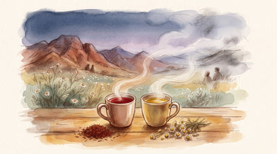 Illustration: A mug of red rooibos tea and a cup of golden chamomile on a fireside table in the evening, a heap of each tea beside them