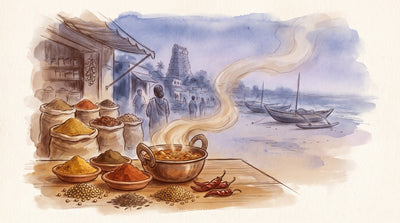 Illustration: Small dishes of curry powders in gold, red and deep brown, whole spices — coriander, cumin, fenugreek, dried chilies — and a pot of curry simmering