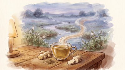 Illustration: A glass cup of peppermint tea, a knob of ginger, fennel seeds and a slice of marshmallow root on a sunny table after a meal