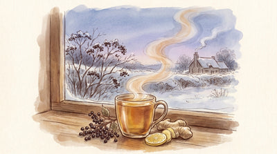 Illustration: A steaming mug of elderberry and ginger tea, a sprig of elderberries, a knob of ginger and a slice of lemon on a windowsill in winter